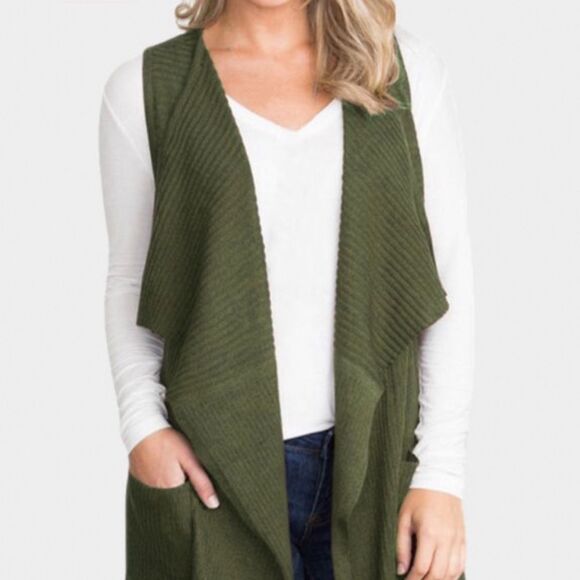 Olive green ribbed knit long line cardigan sweater vest with pockets size large - Picture 4 of 9